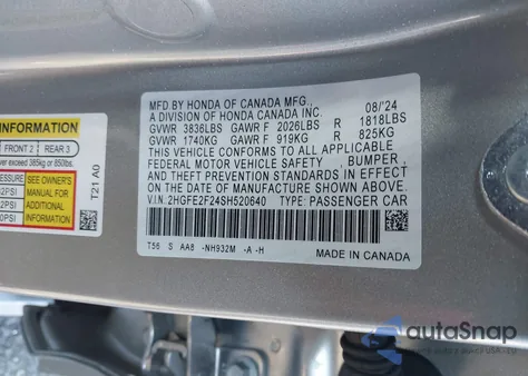 2025 Honda Civic Lx из США, поврежденный, VIN 2HGFE2F24SH520640